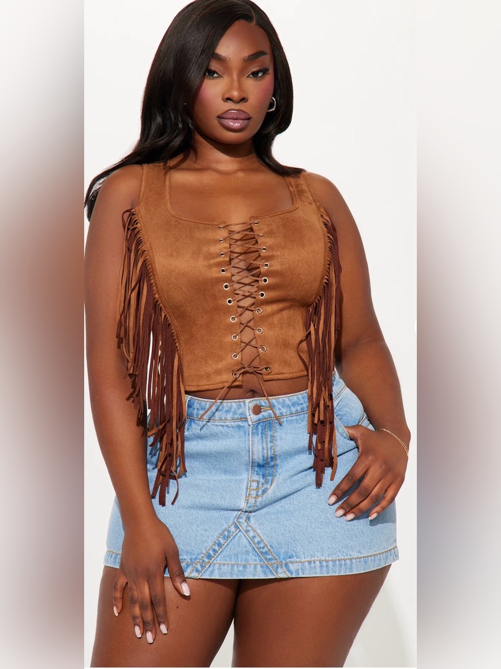 Fashion Nova Brown Lace-Up Fringe Faux Suede Crop Tank